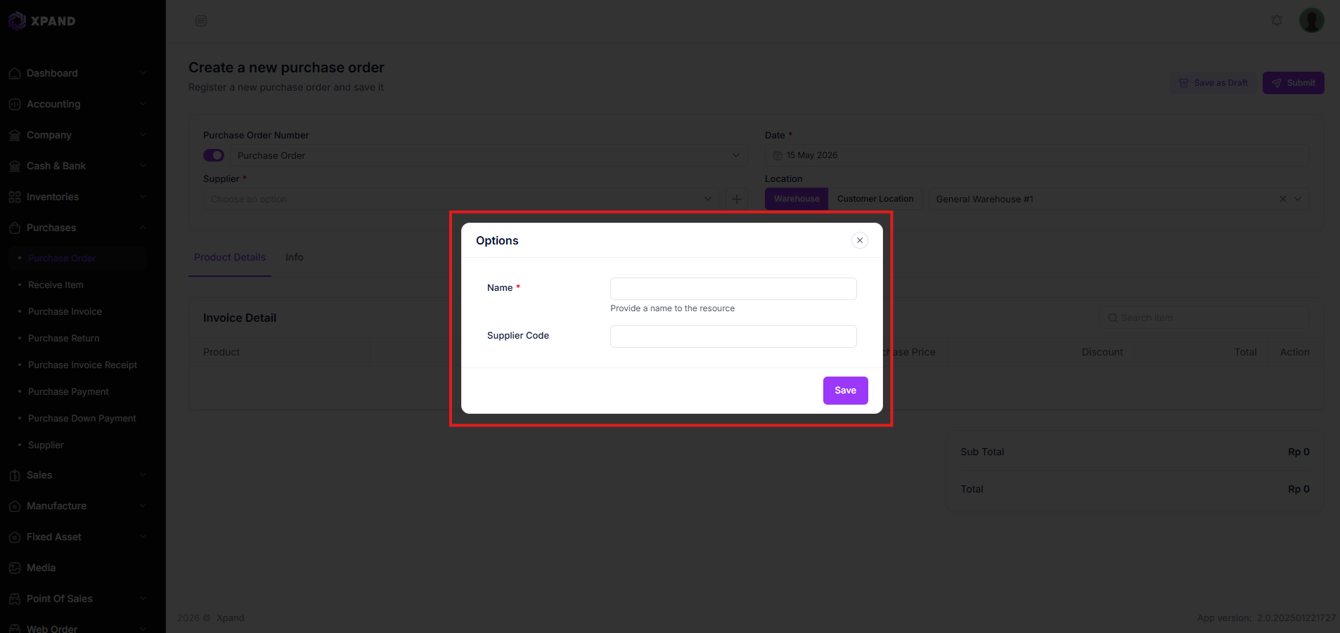 Inline Create Supplier